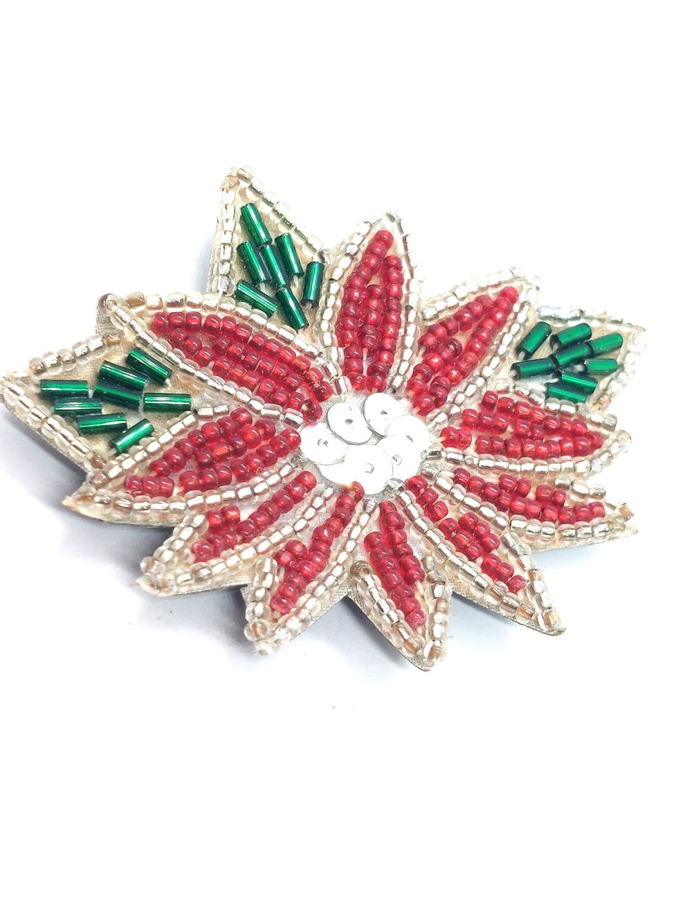 Vintage Beaded Poinsettia Brooch Pin Christmas Holiday Handmade Flower Lapel